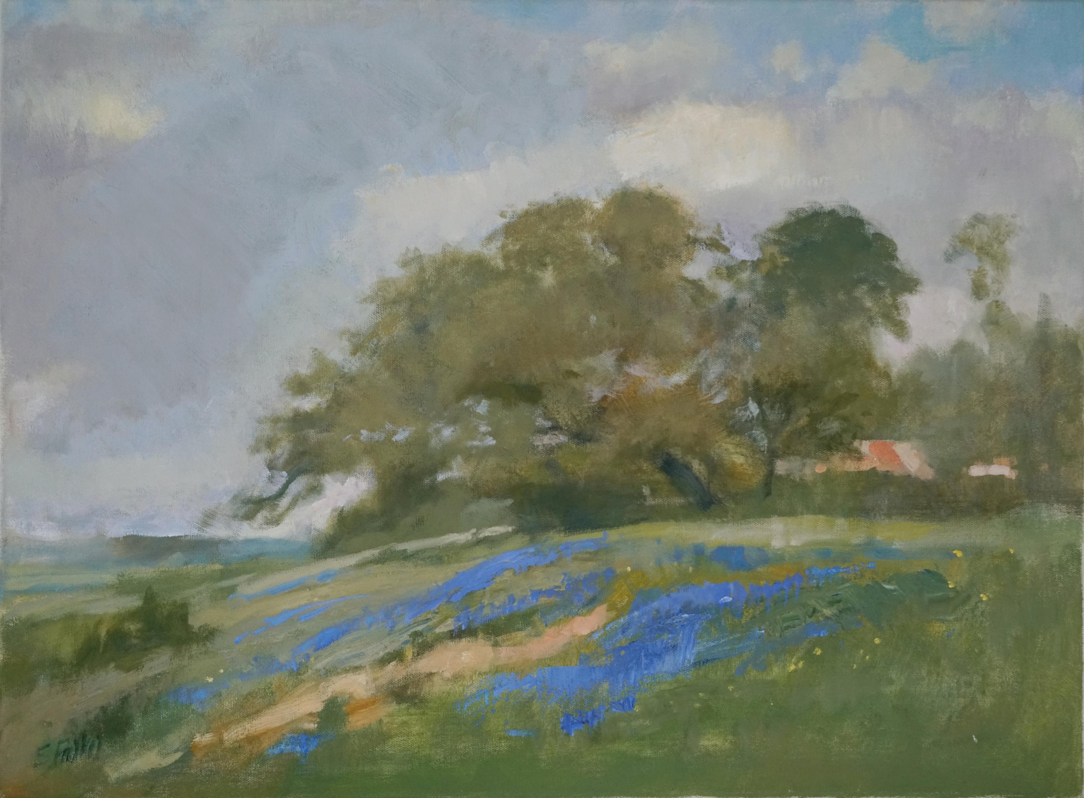 Weimar, Texas, Landscape w/ Bluebonnets, Oil on Canvas , Framed, Impressionism  - Gray Landscape Painting by Steve Parker