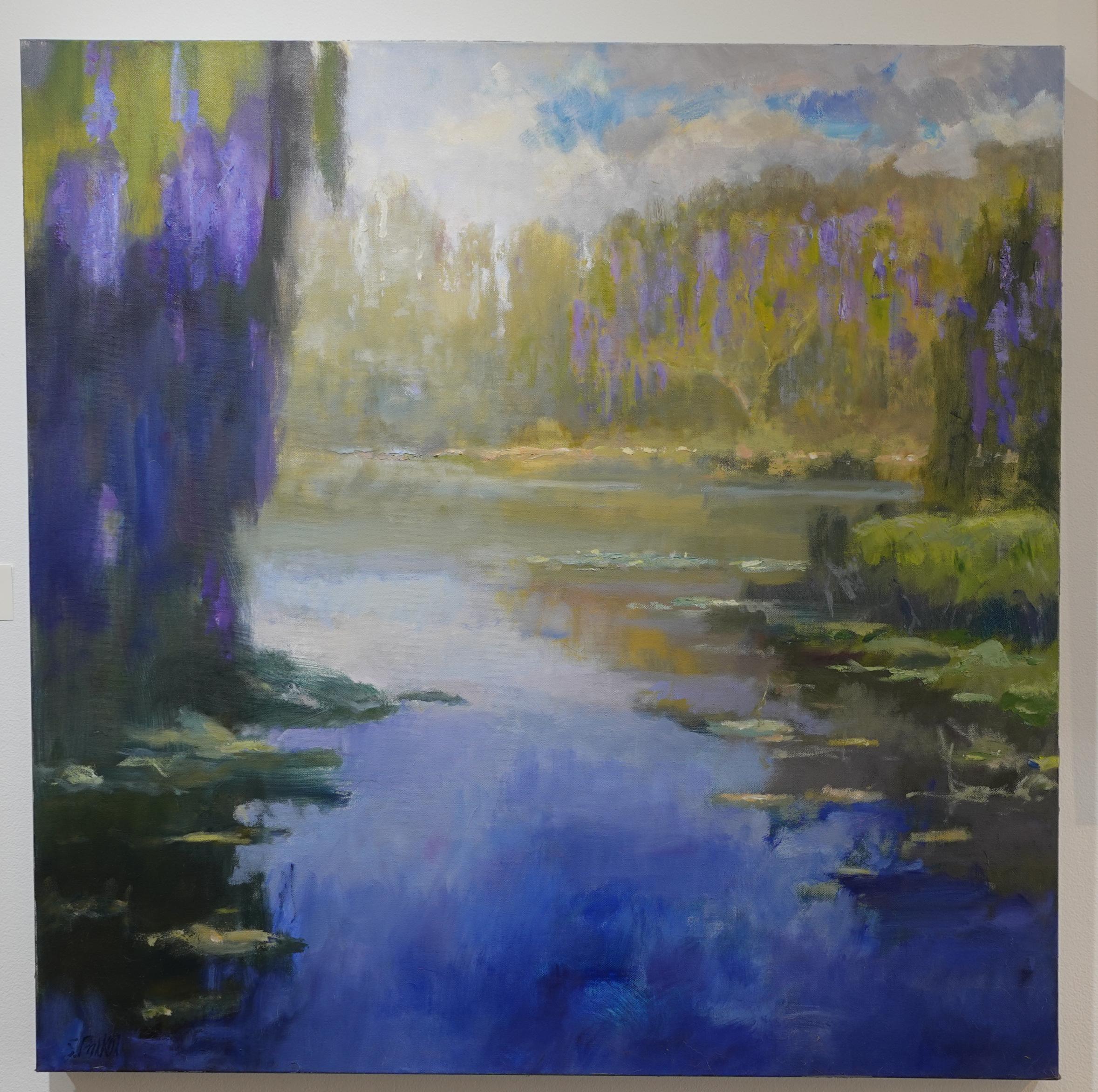 Wisteria am Somerville-See  Texas-Landschaft, Öl, Impressionismus Glyzinie  See – Painting von Steve Parker