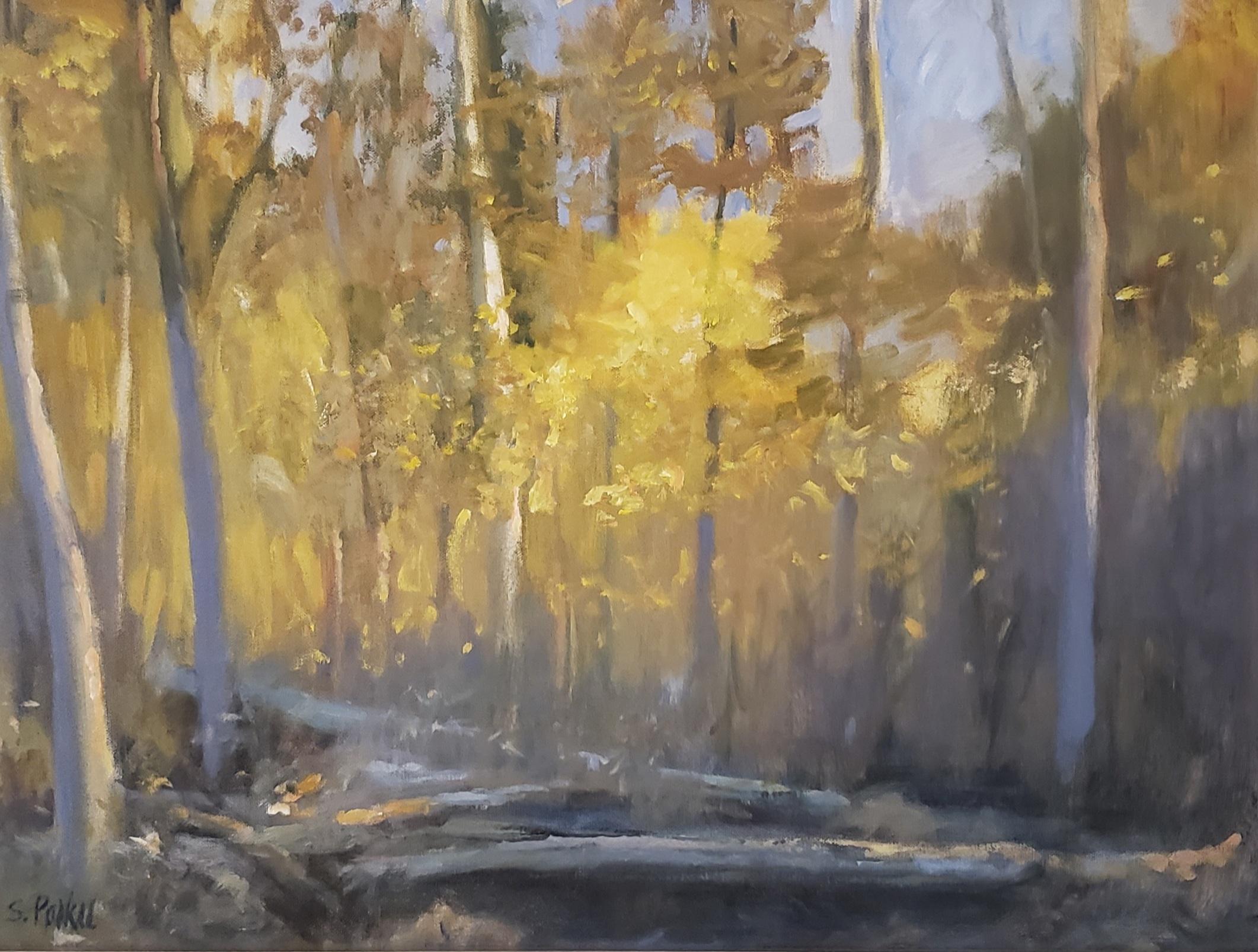 Yellow Light Trees, Oil Painting , Framed, Houston Arboretum, Buffalo Bayou For Sale 1