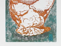2012 Chicken in Orange and Blue Linocut Print