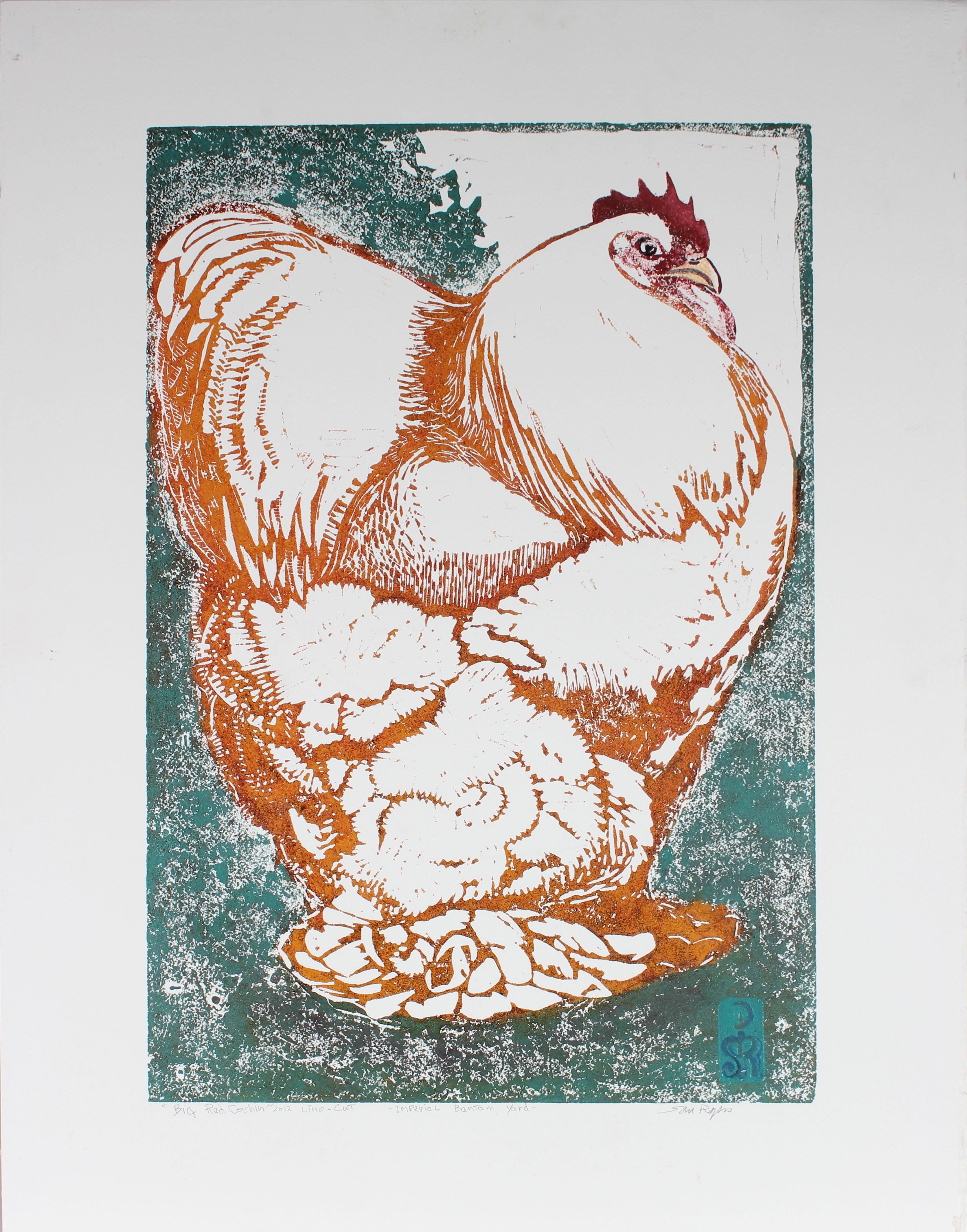 Steve Rogers Animal Print - 2012 Chicken in Orange and Blue Linocut Print