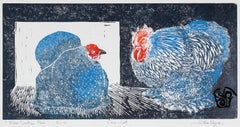 "Blue Cochin Pair" Rustic Chicken Linocut Print in Blue and Red, 2014