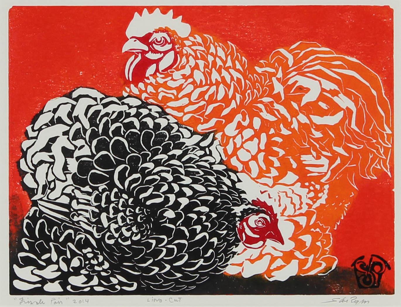 Steve Rogers Animal Print - "Frizzle Pair" Linocut Chickens, 2014