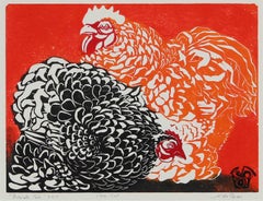 "Frizzle Pair" Linocut Chickens, 2014