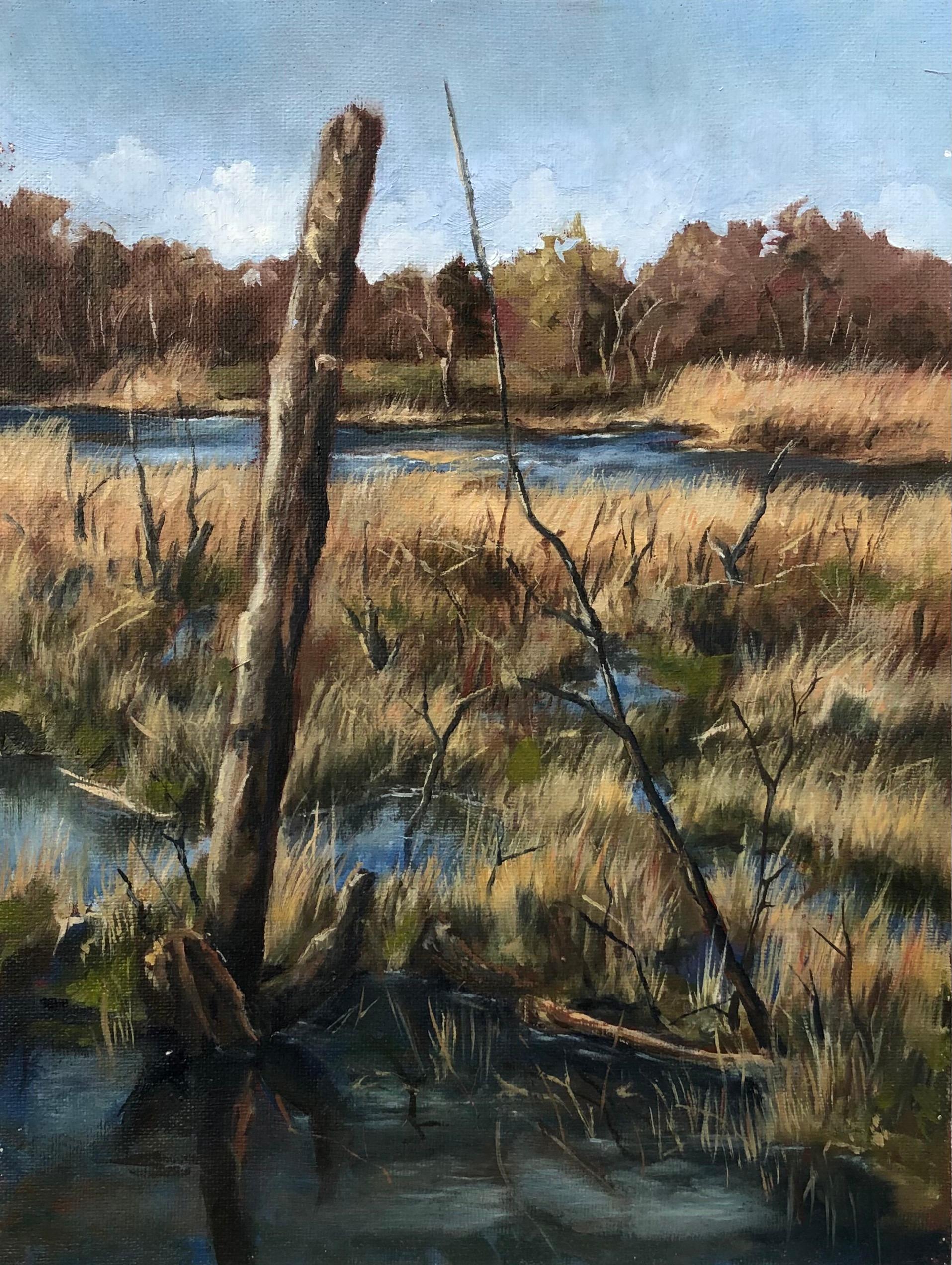 Steve Sangapore Landscape Painting - "New England, Spring #3", landscape, river, marsh, realist, brown, oil painting
