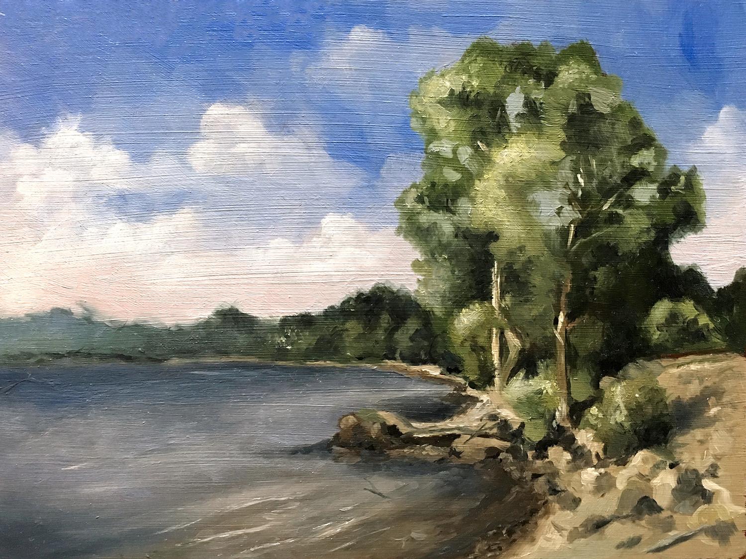 "New England, Summer #1", landscape, Hudson River, trees, blue, oil painting - Painting by Steve Sangapore