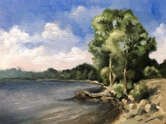 "New England, Summer #1", landscape, Hudson River, trees, blue, oil painting
