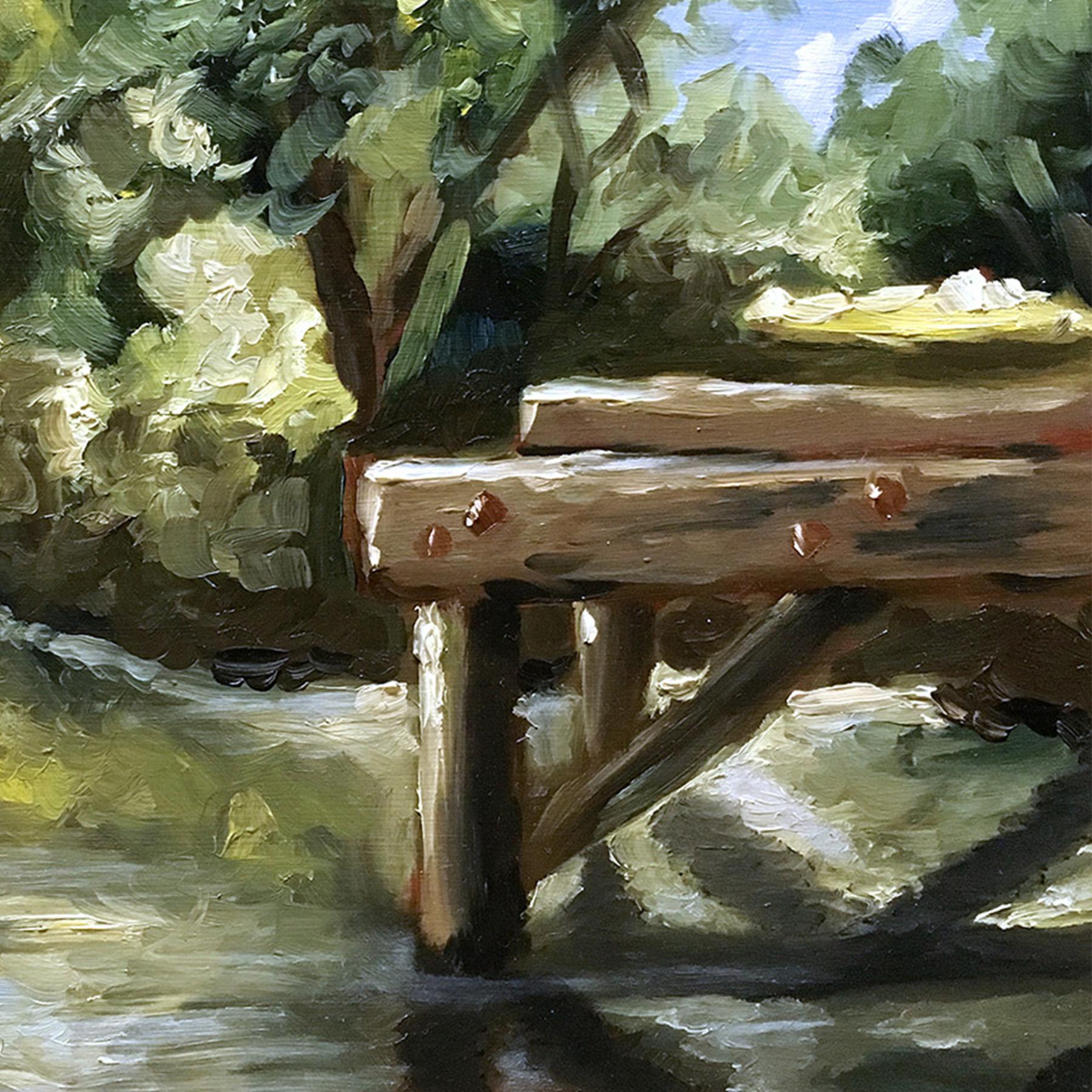 « Nouvelle-Angleterre, Été #2 », paysage, Boston, pont, rivière, peinture à l'huile - Contemporain Painting par Steve Sangapore