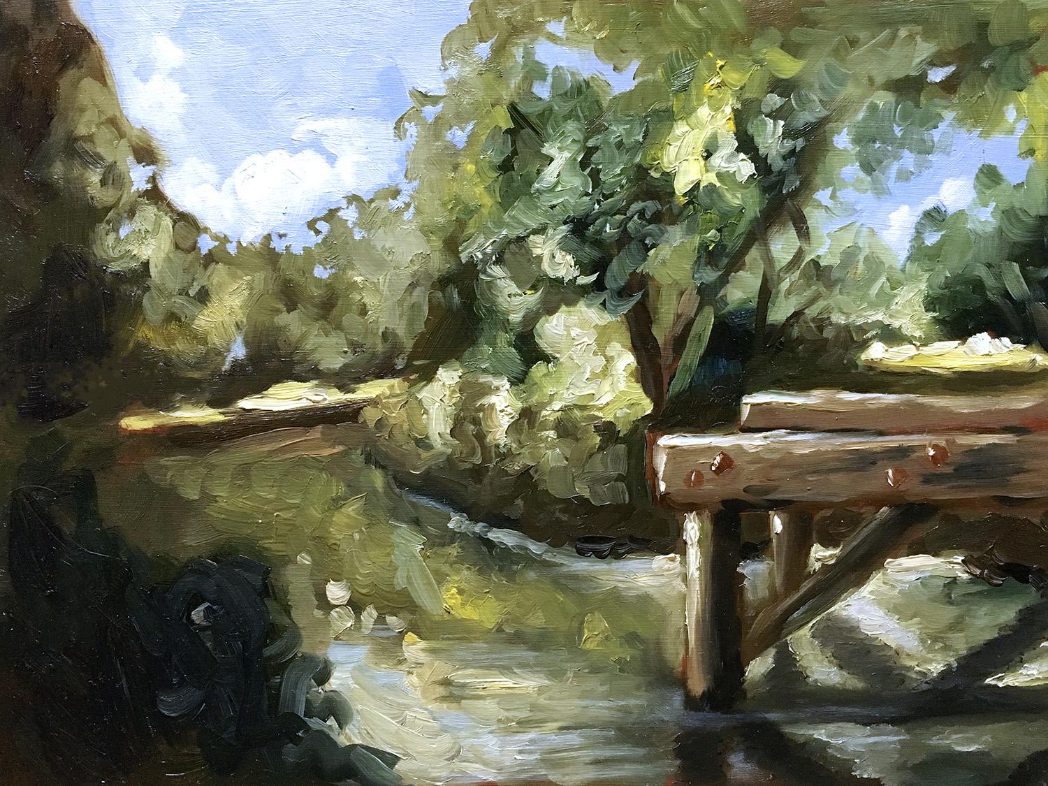 « Nouvelle-Angleterre, Été #2 », paysage, Boston, pont, rivière, peinture à l'huile - Painting de Steve Sangapore
