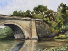 "New England, Summer #3", oil painting, landscape, Charles River, railway bridge