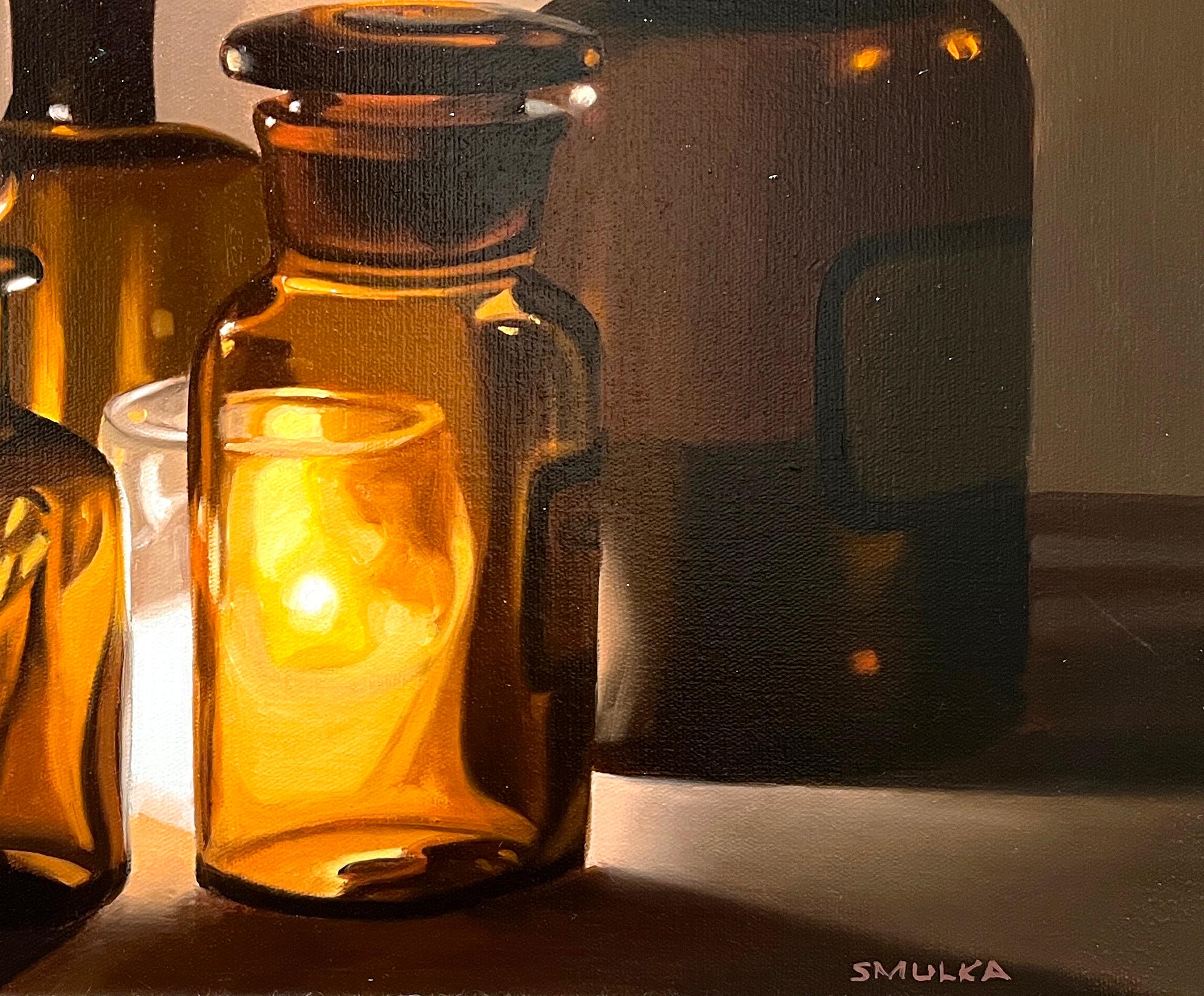 CANDLE STUDY - Photorealism / Vintage Candle Still Life / Glass Bottles - Contemporary Painting by Steve Smulka