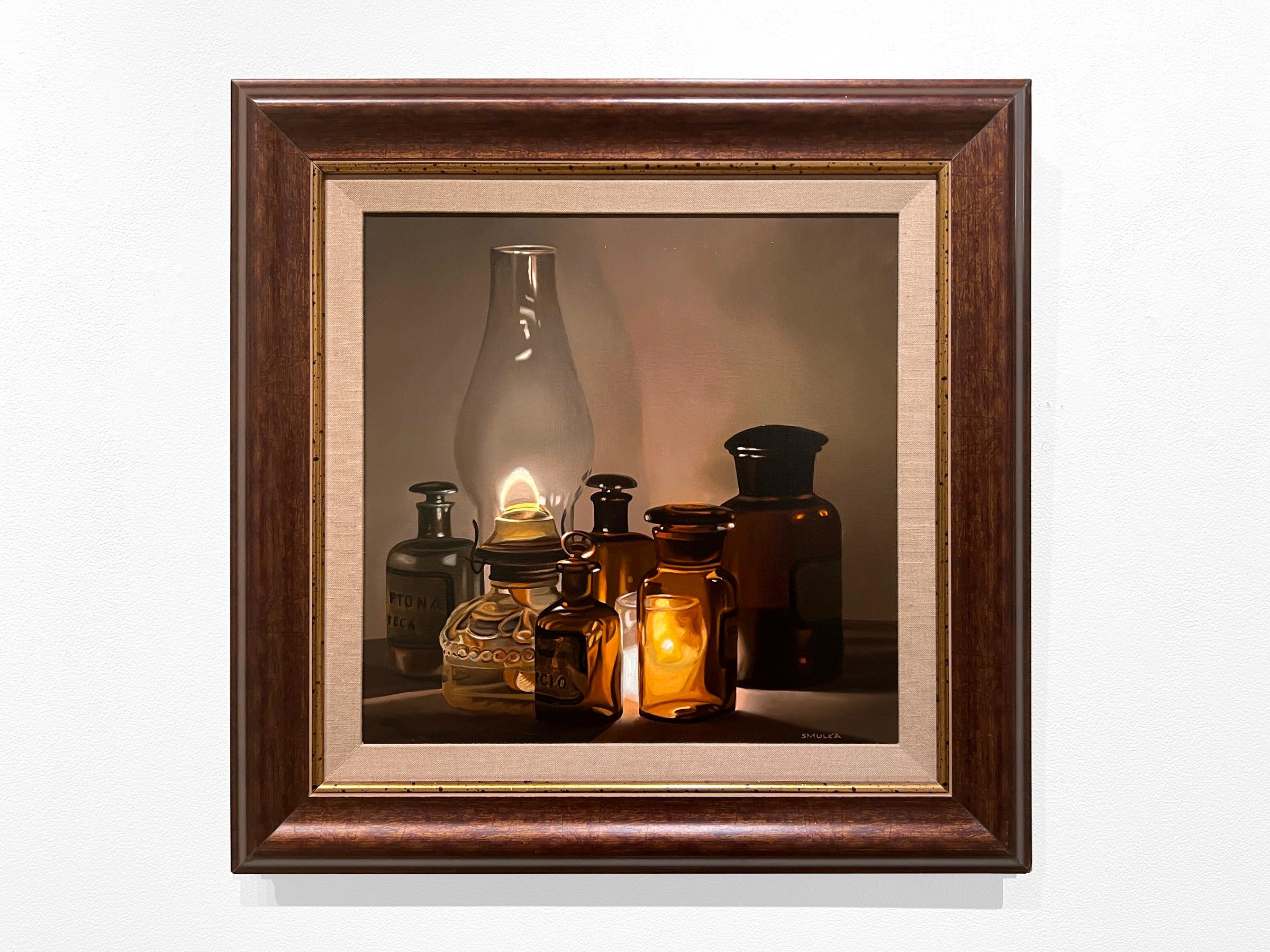 CANDLE STUDY - Photorealism / Vintage Candle Still Life / Glass Bottles - Painting by Steve Smulka