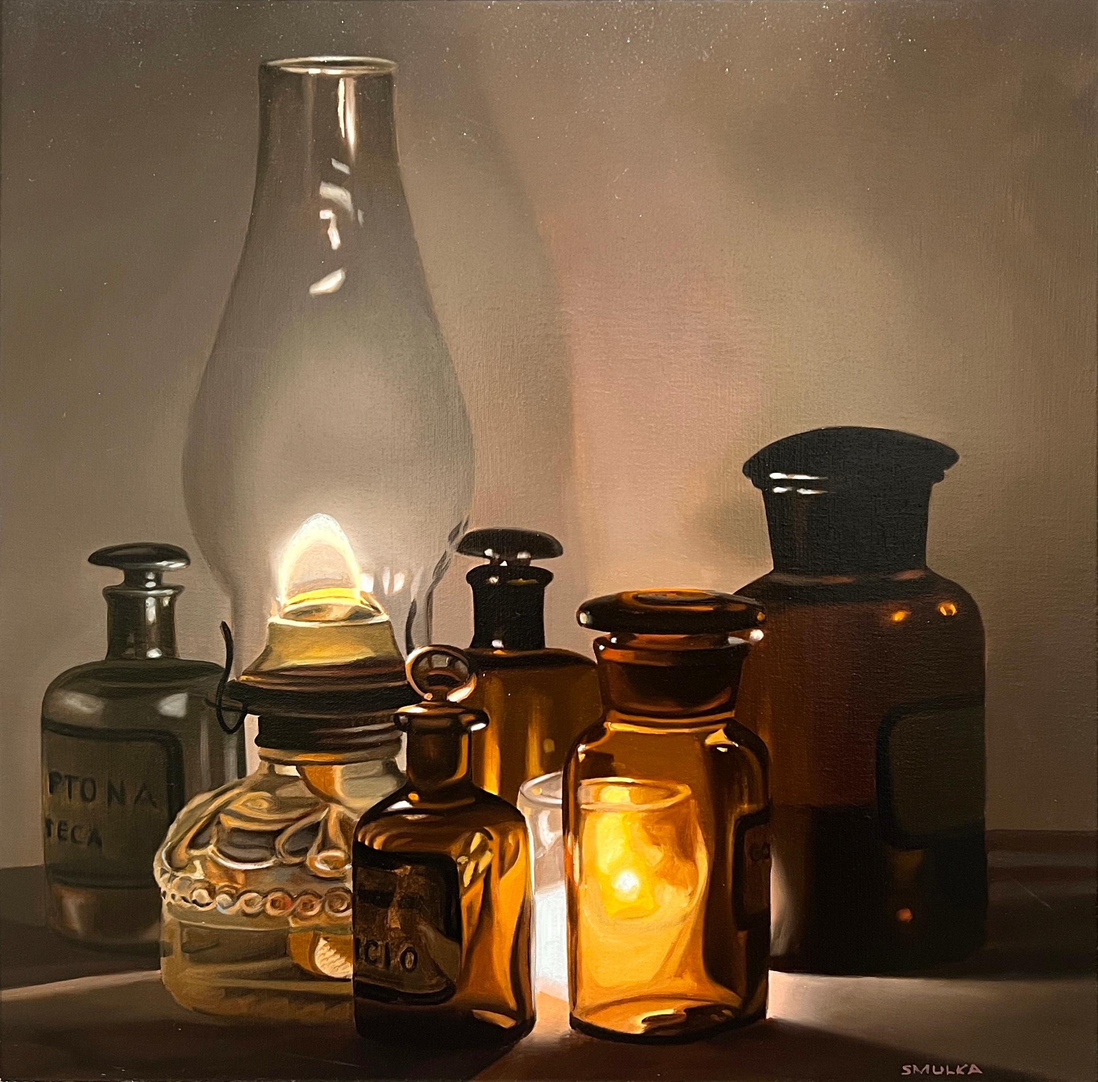 Steve Smulka Still-Life Painting - CANDLE STUDY - Photorealism / Vintage Candle Still Life / Glass Bottles