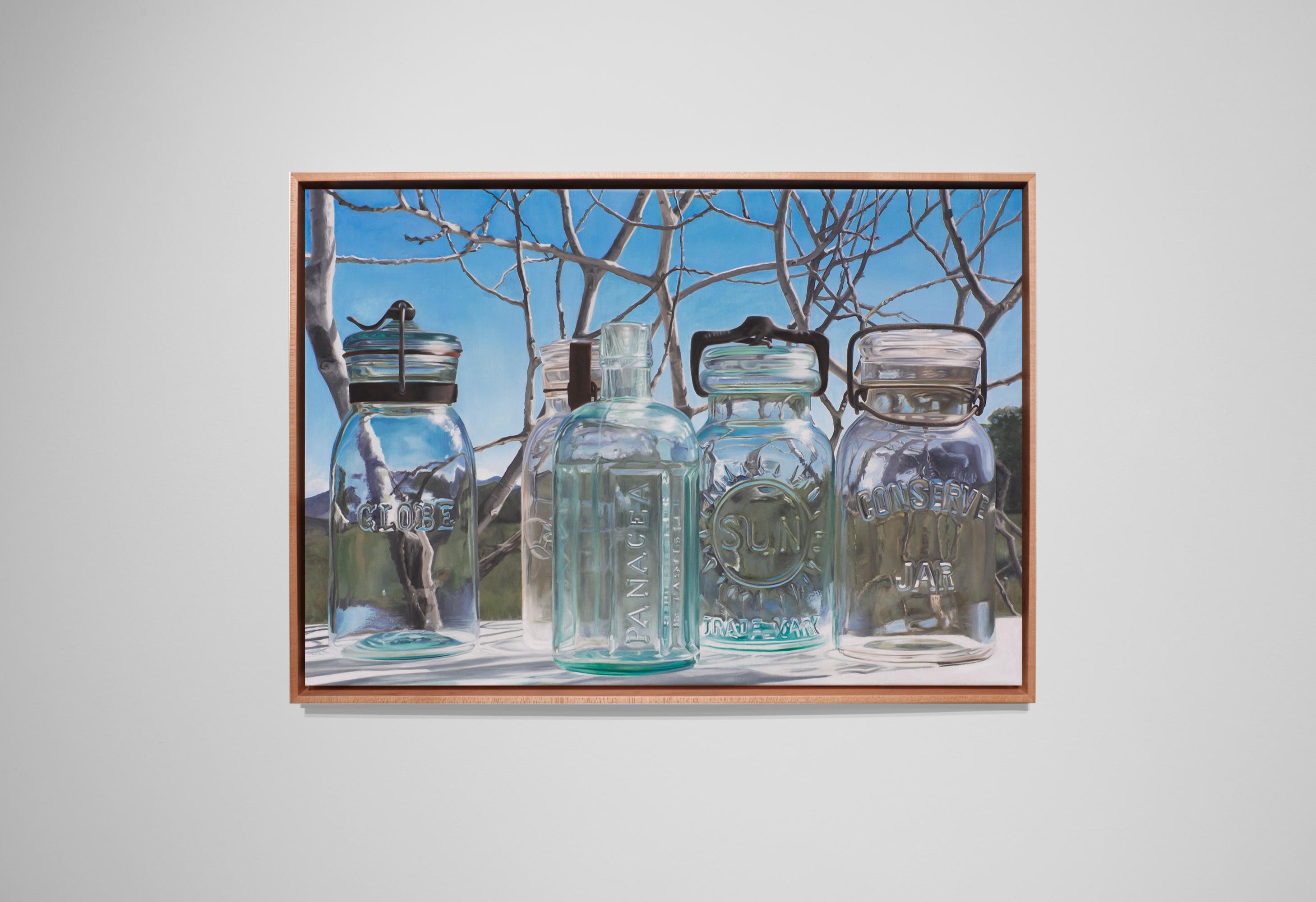 ENDLESS SKY, photo-realism, still-life, glass jars, blue sky, winter backdrop - Painting by Steve Smulka