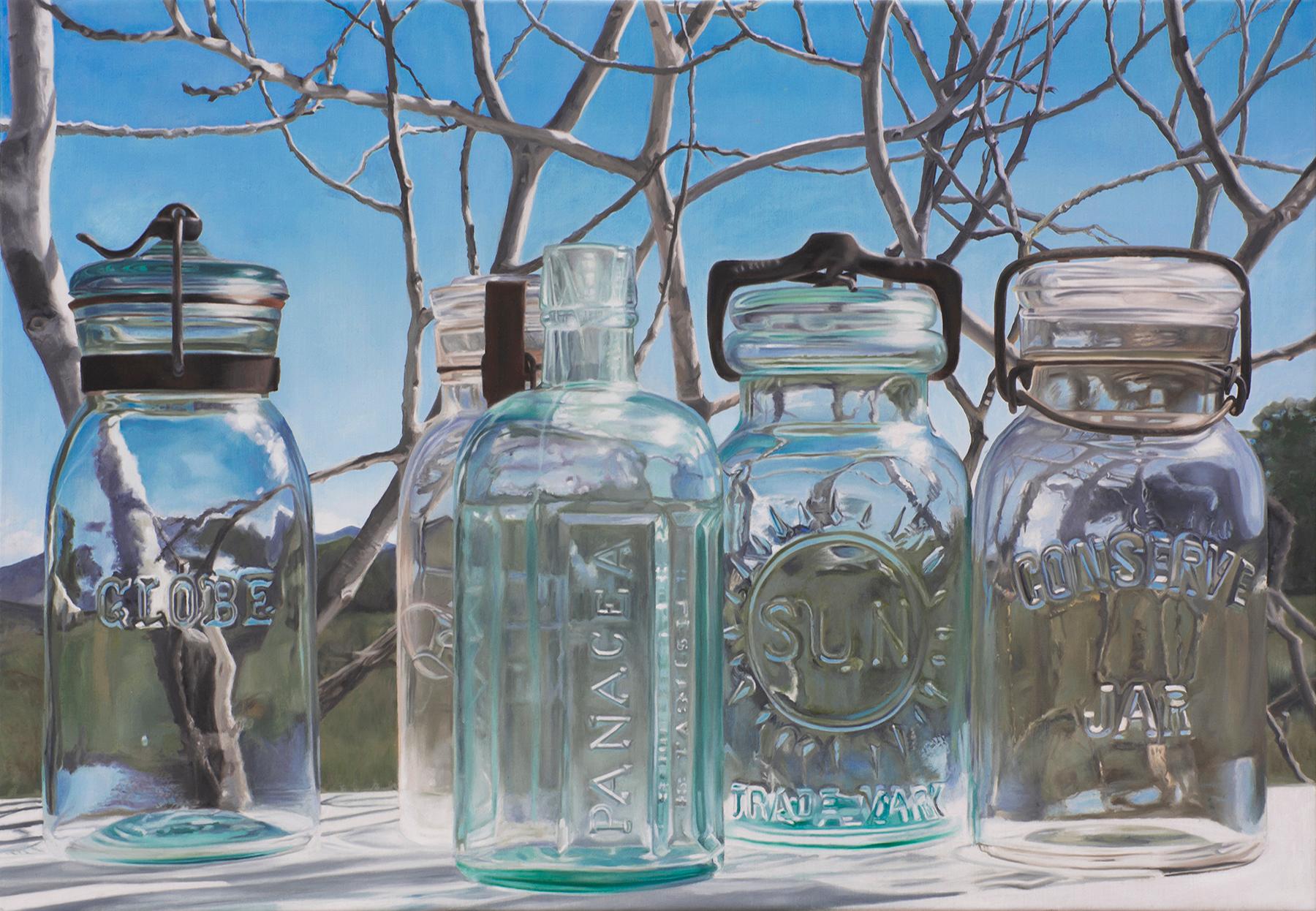 Steve Smulka Still-Life Painting - ENDLESS SKY, photo-realism, still-life, glass jars, blue sky, winter backdrop