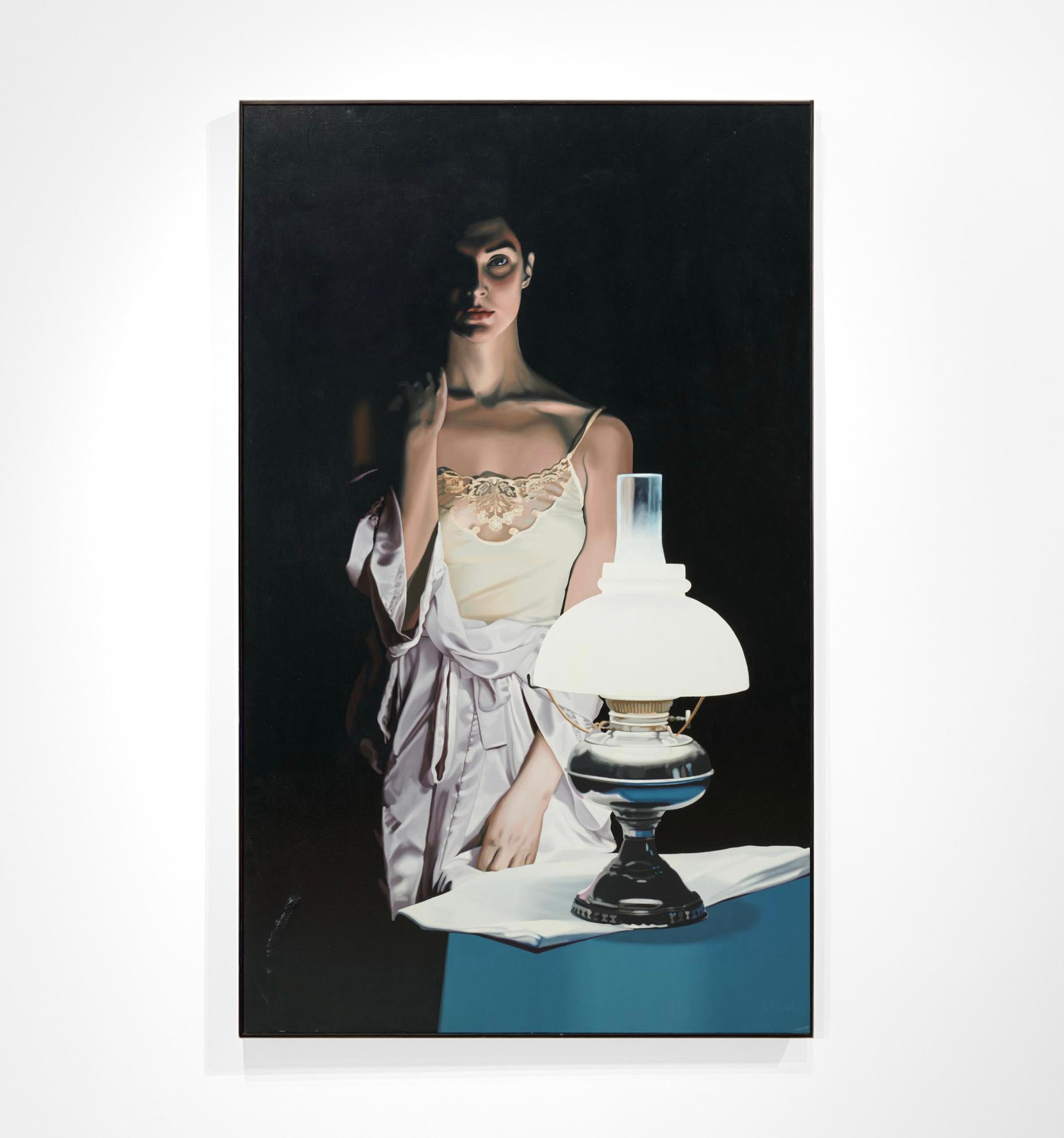 LAMP BLACK - Portrait / Dark colors / Female Figure / Photorealism / Blue / Lamp - Painting by Steve Smulka