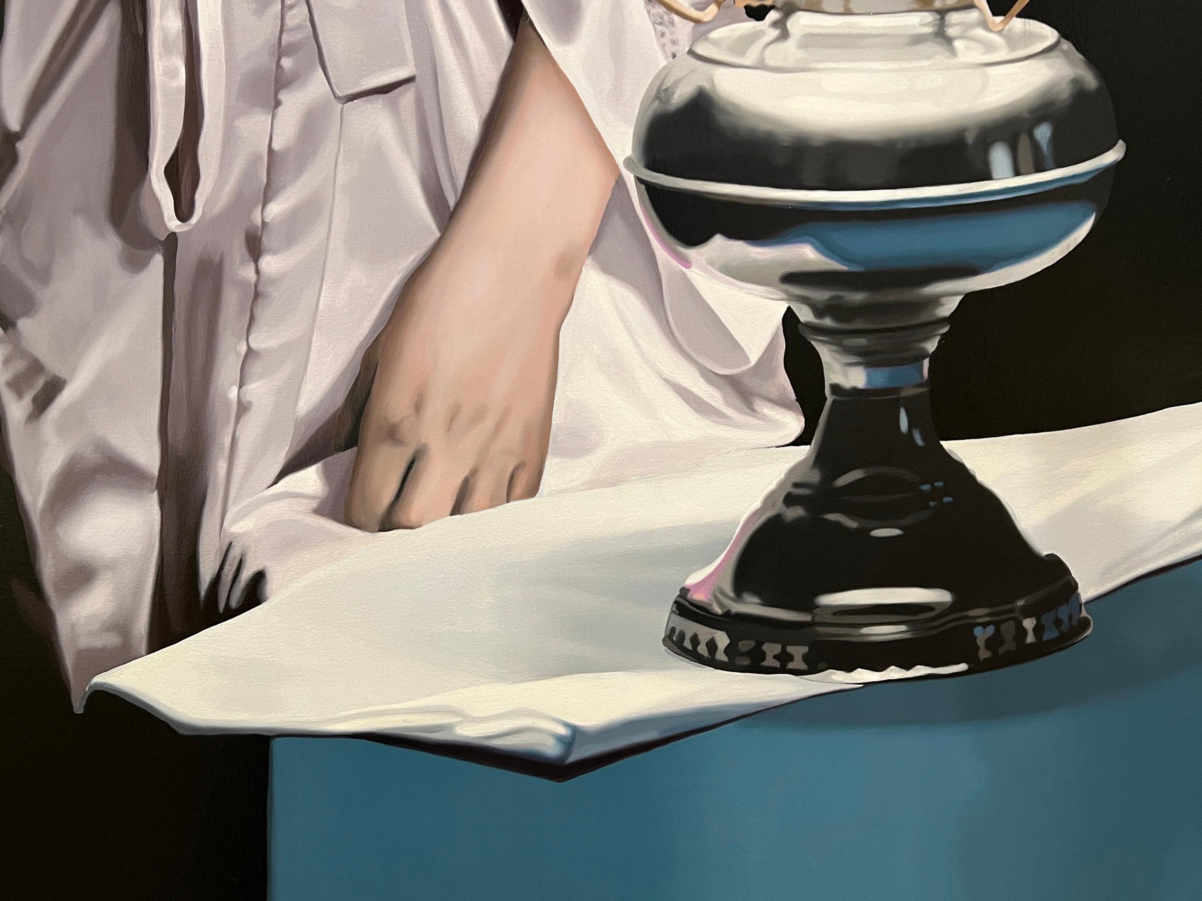 LAMP BLACK - Portrait / Dark colors / Female Figure / Photorealism / Blue / Lamp - Contemporary Painting by Steve Smulka