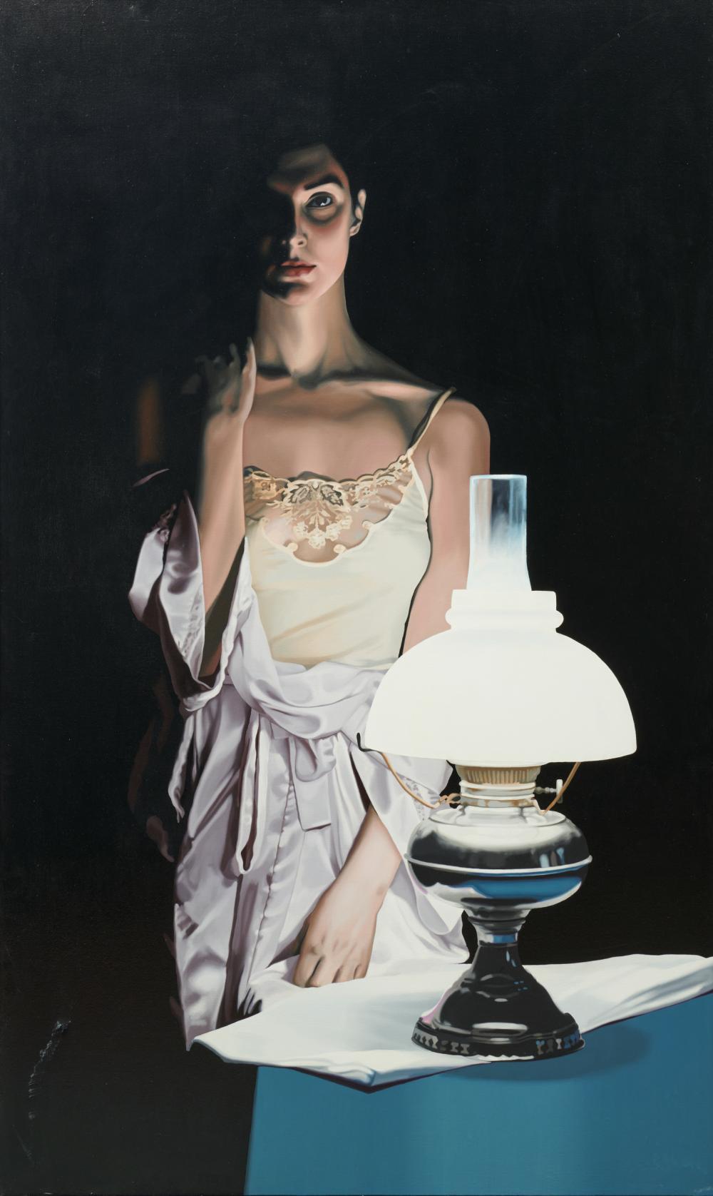 Steve Smulka Figurative Painting - LAMP BLACK - Portrait / Dark colors / Female Figure / Photorealism / Blue / Lamp