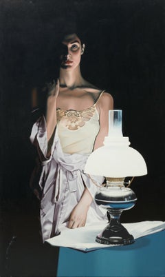 Vintage LAMP BLACK, portrait, dark colors, female figure, photorealism, blue, dress