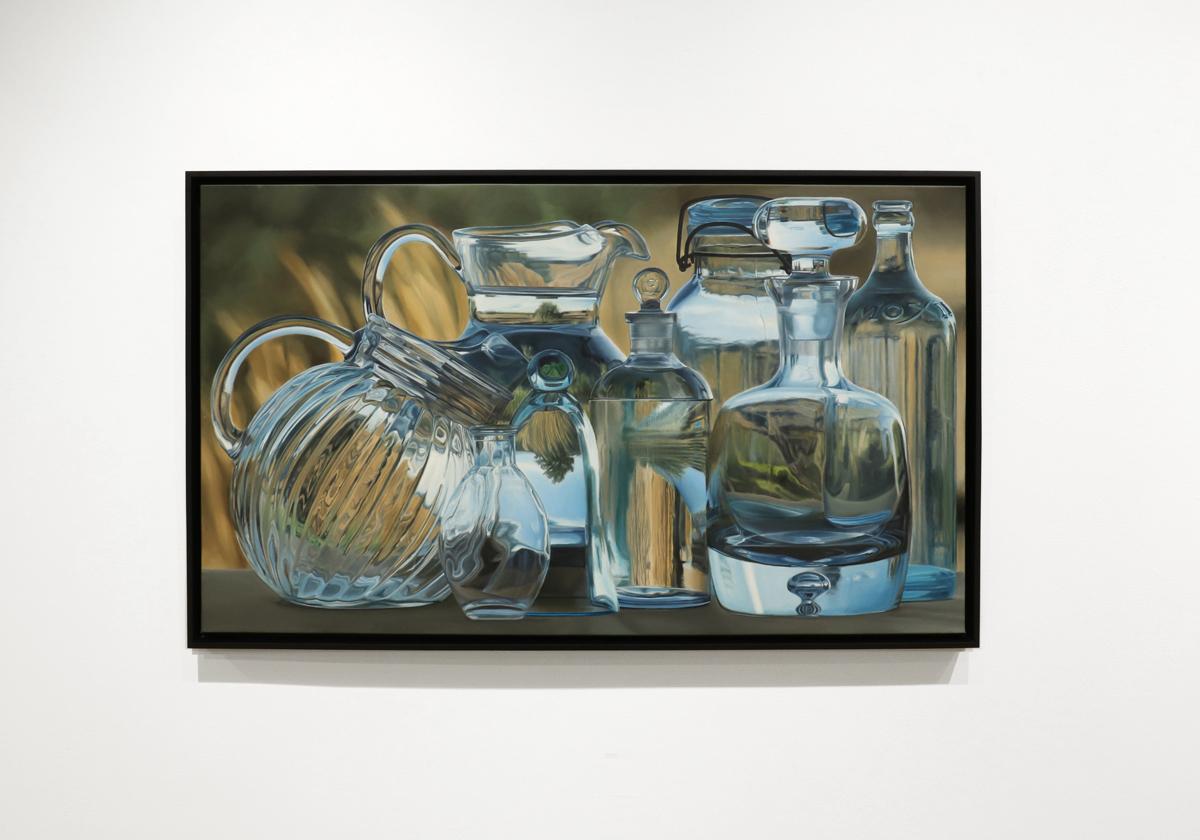 LUCID INTERVAL, hyper-realism, still life, glass, reflections, water - Painting by Steve Smulka