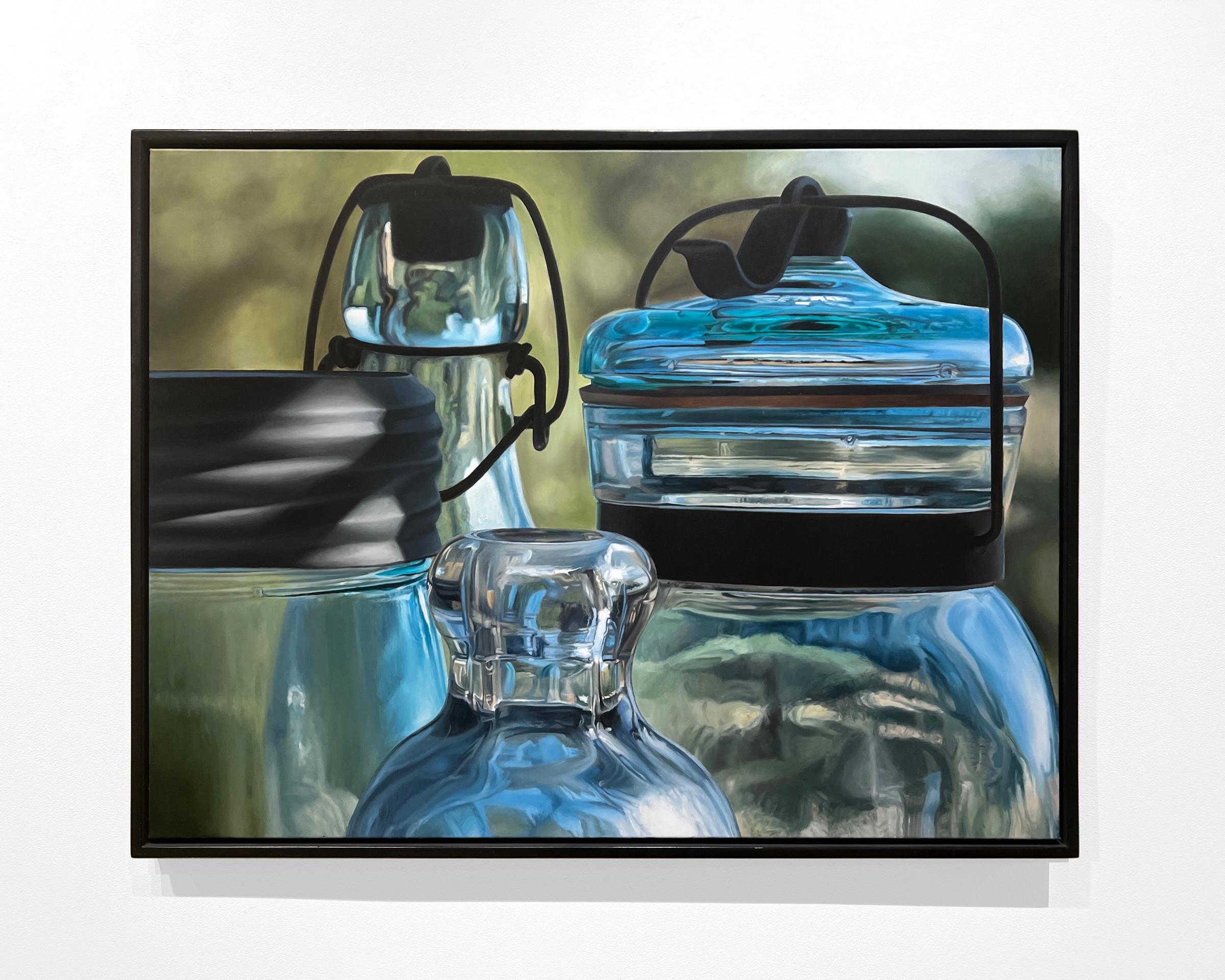 MIDSUMMER DAY - Photorealism / Still Life / Glass Mason Jars / Blues & Greens - Painting by Steve Smulka