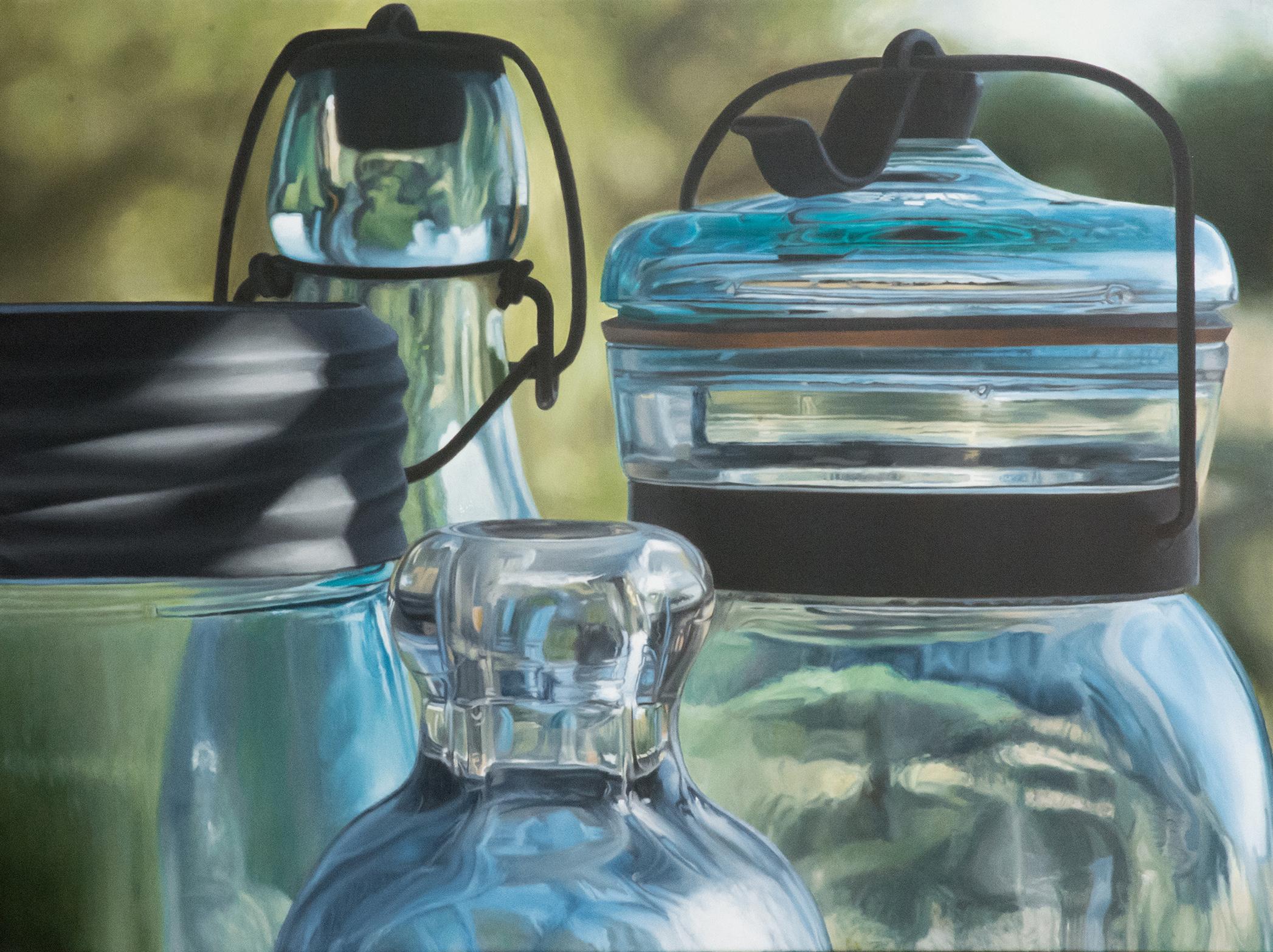 Steve Smulka Still-Life Painting - MIDSUMMER DAY - Photorealism / Still Life / Glass Mason Jars / Blues & Greens