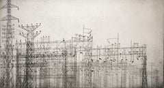 "Infrastructure #18", urban industrial landscape etching print, black and white.