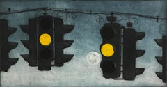 steve stankiewicz Something About The Moon 13, architectural landscape etching print, blue gray.
