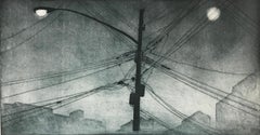 Something About The Moon 16, architectural landscape etching print, blue gray.