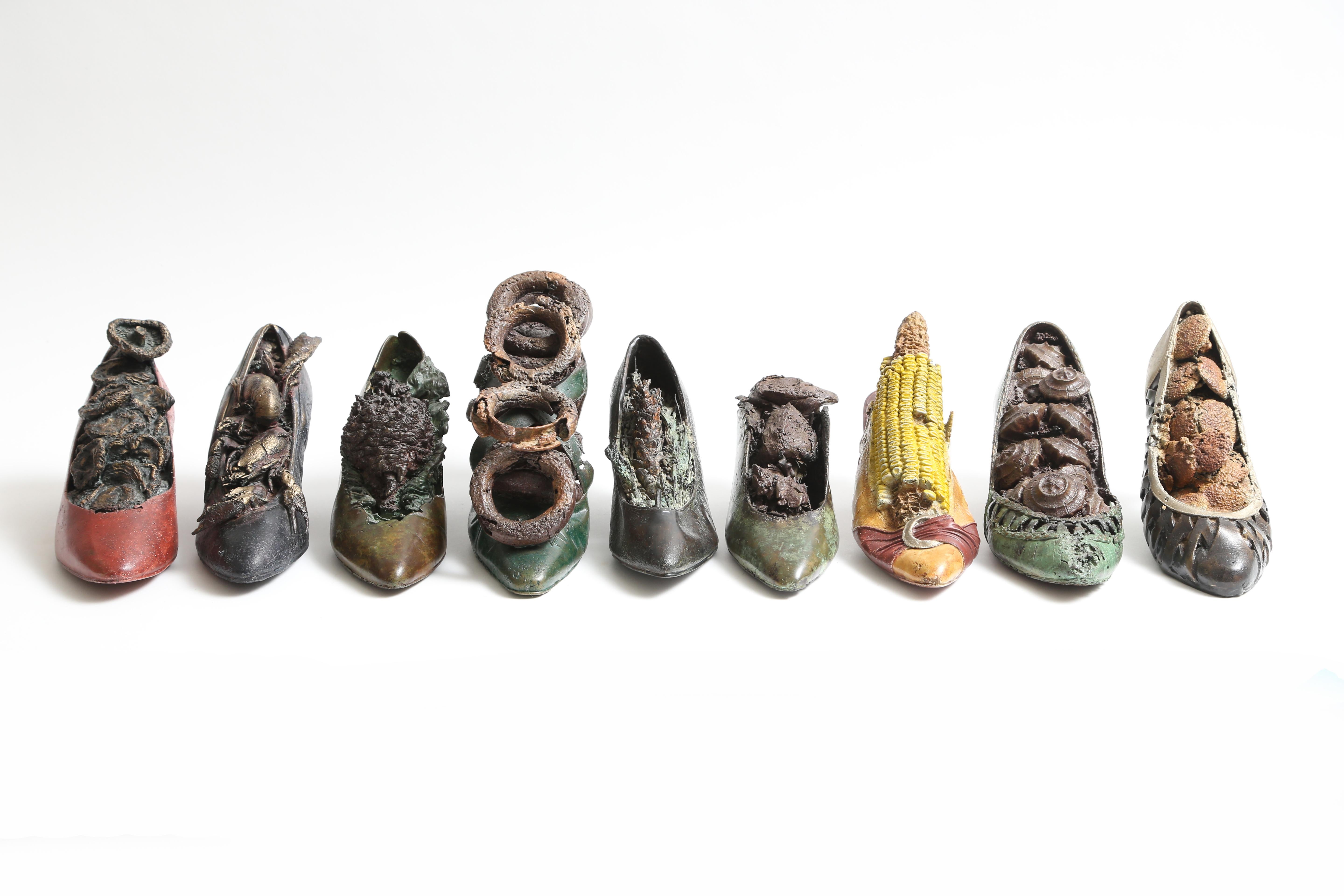 A whimsical collection of 9 sculptures.
Hand-painted bronze
Some sculptures signed
Sold in sets of three, each set will have 1 signed shoe.