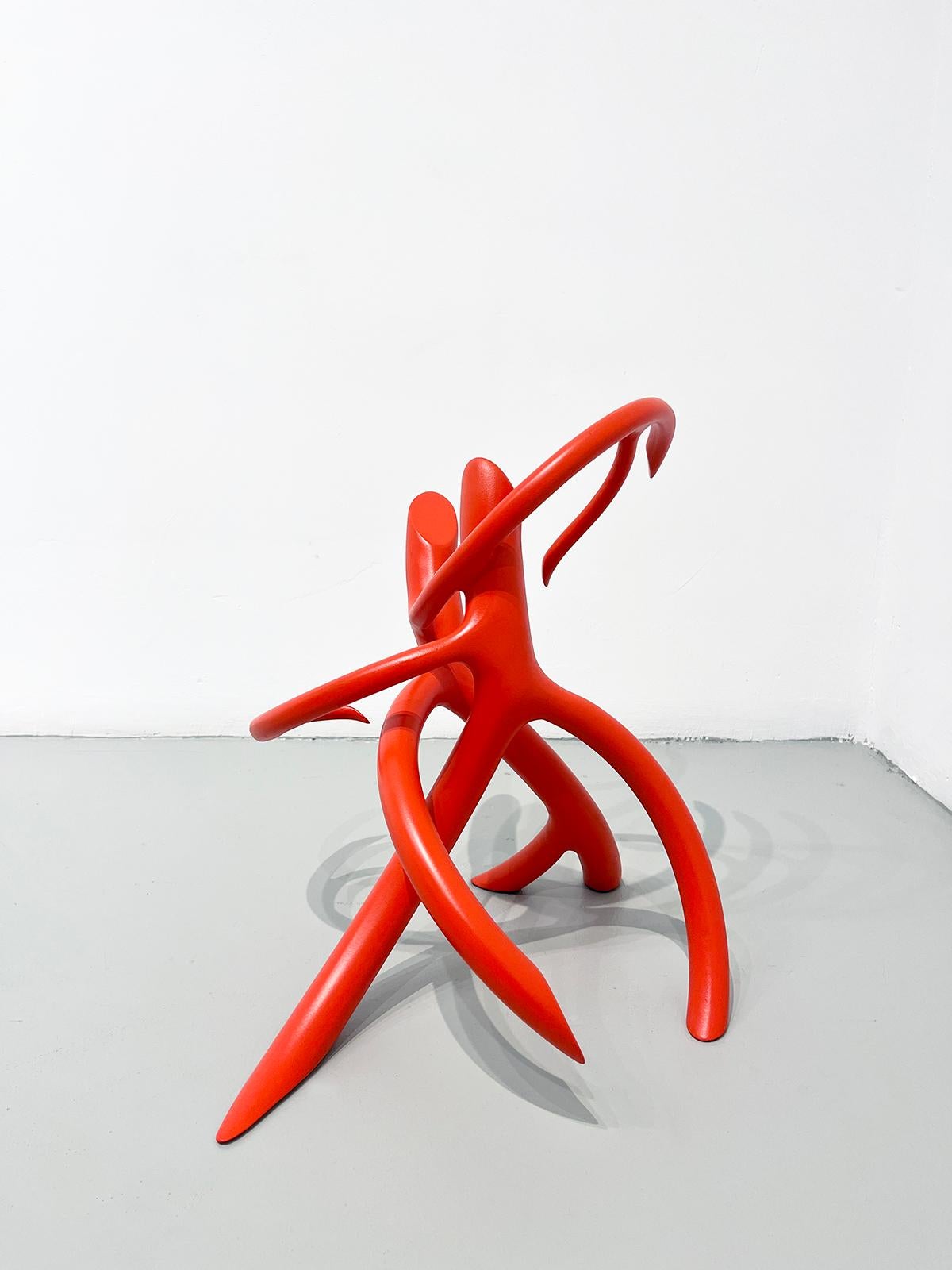 Small Red Modernist Tree Root Sculpture in Welded Steel, Abstract Art For Sale 1