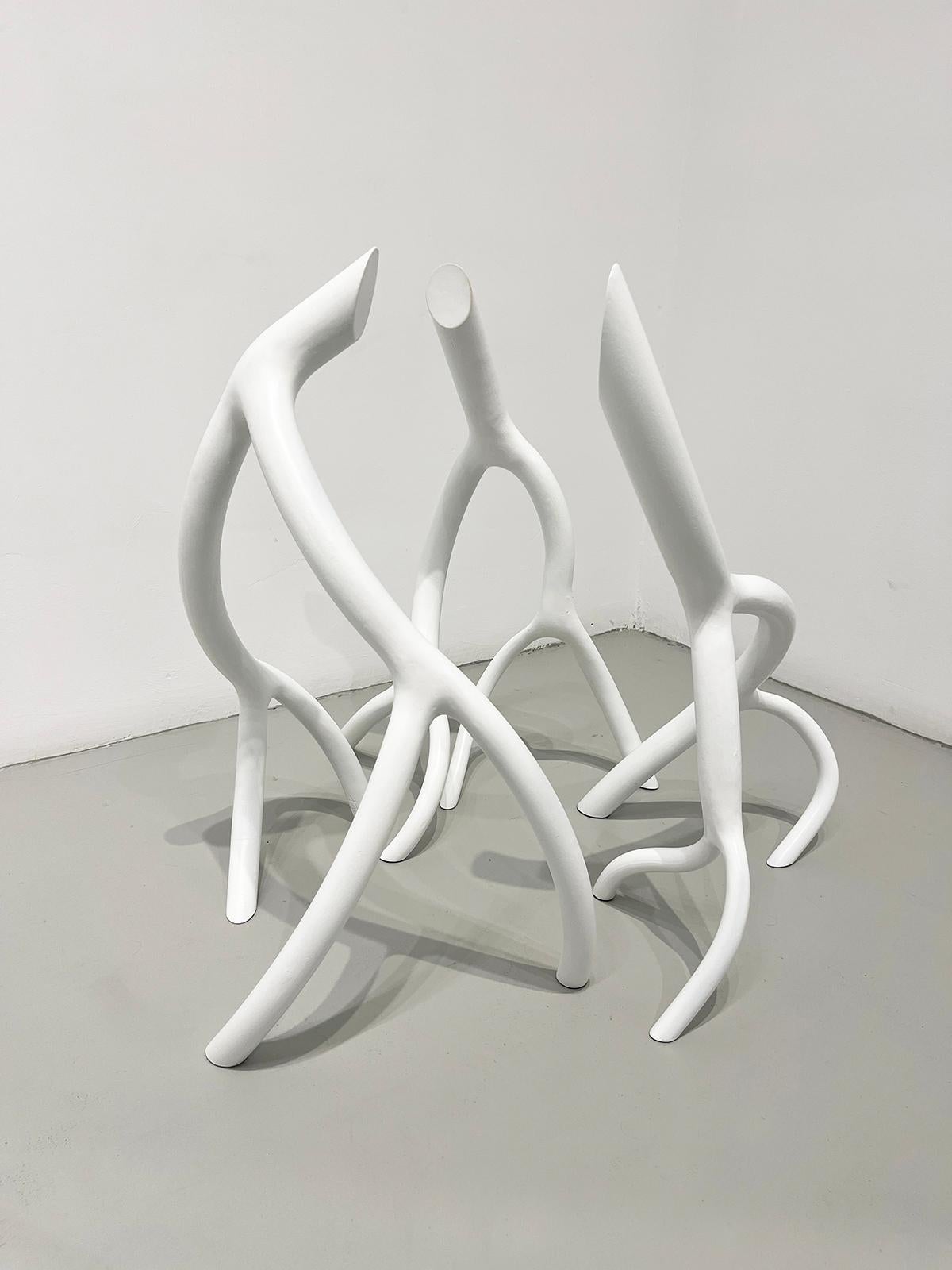 Small White Modernist Tree Root Sculpture in Welded Steel, Abstract Art - Gray Abstract Sculpture by Steve Tobin