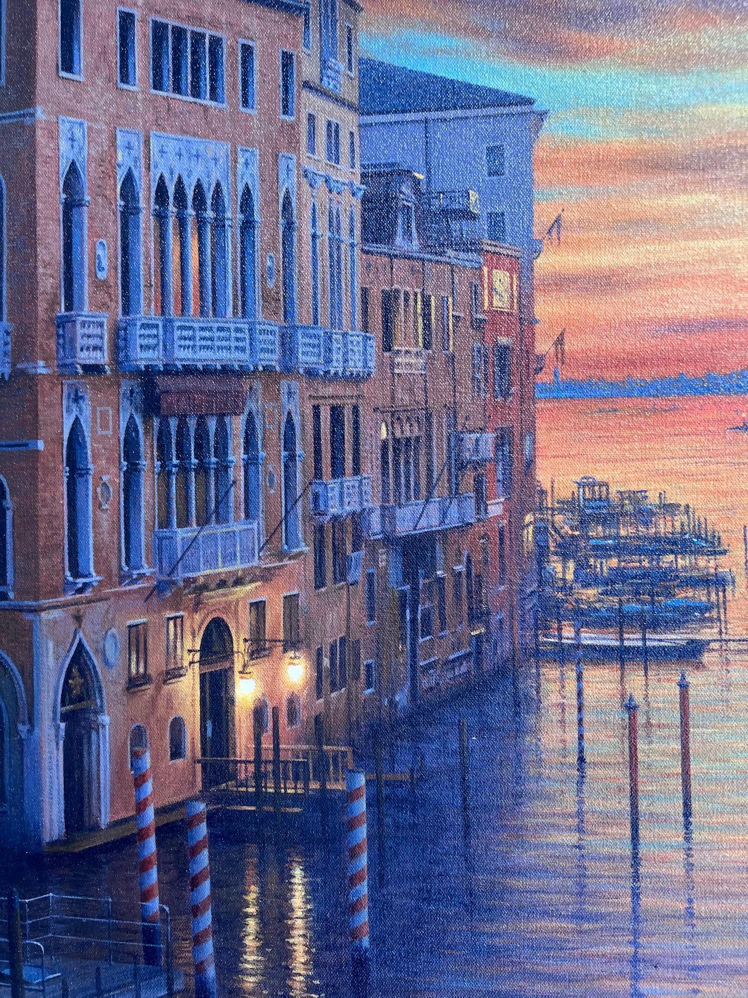 Amanecer en el Gran Canal - paisaje impresionista original - Arte contemporáneo - Landscape Painting Gris de Steve Whitehead