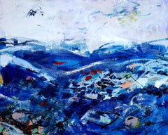 From The Shore - Abstract seascape painting of ocean scene, blue waves