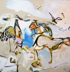 Oasis - Abstract landscape painting, animals in a desert setting