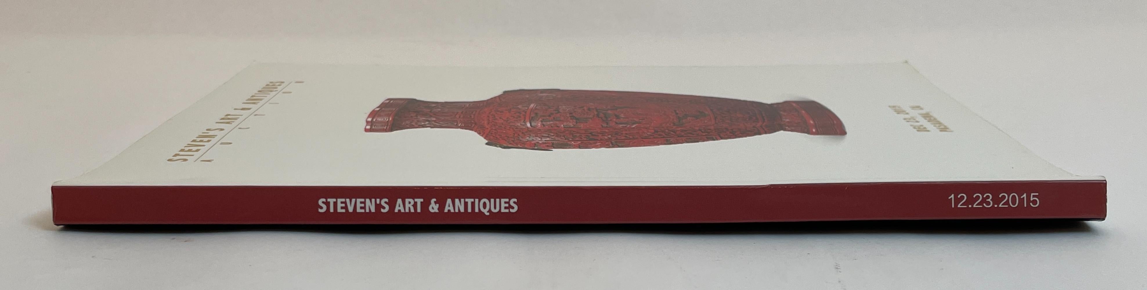 Steven Art & Antiques Auction Catalog Dec. 2015. Pasadena California.
Featuring a large collection of Chinese Art , collectible snuff bottles, jade wine cups, Tibetan art, porcelain plates and bowls, paintings, Buddha sculptures, lacquered boxes,