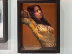 “Candace” figurative, oil painting of a nude woman with tattoos, on copper