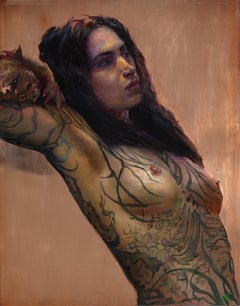 “Candace” figurative, oil painting of a nude woman with tattoos, on copper