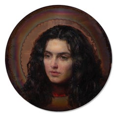"Casandra" óleo, retrato de mujer con pelo rizado, tonos cálidos, tondo