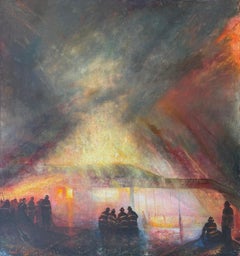 ”Cleaners Fire” Oil Painting, Firefighters, Flames, Warm tones