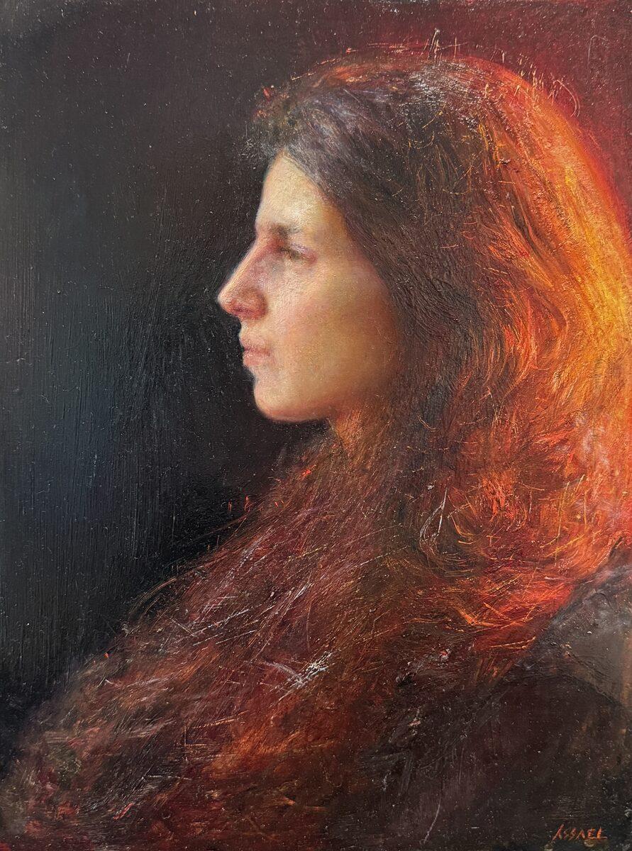 “Julia” oil painting, realist portrait of woman with auburn hair, side profile