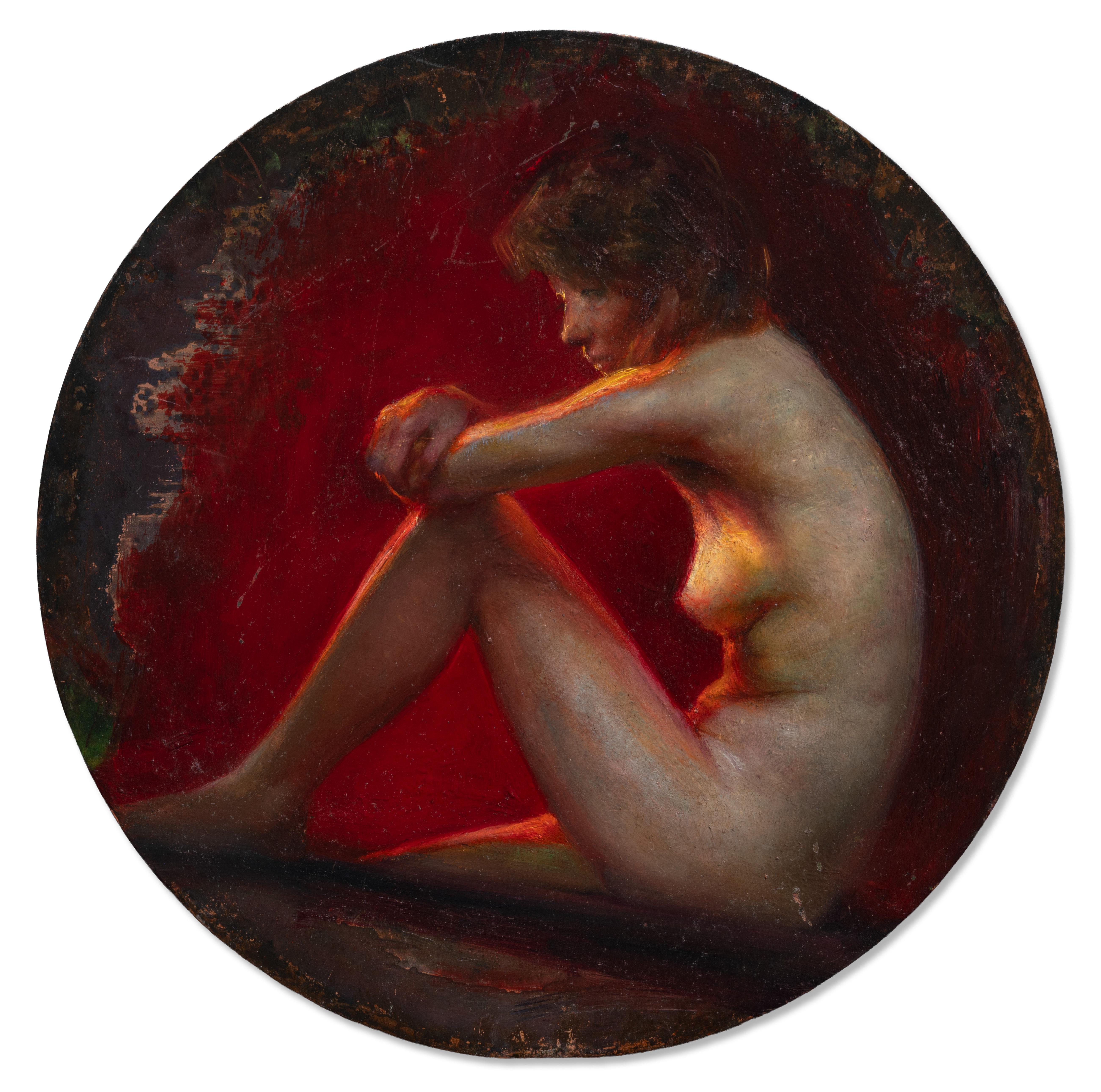 Steven Assael Portrait Painting - “Nude Tondo” figurative painting of nude woman with knees against her chest, red