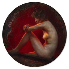 „Nude Tondo“ – figuratives Gemälde einer nackten Frau, die die Knie an die Brust zieht, rot