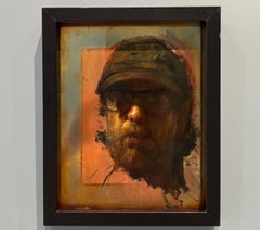 "Self-Portrait" dipinto a olio su rame, realismo contemporaneo, incorniciato sotto vetro