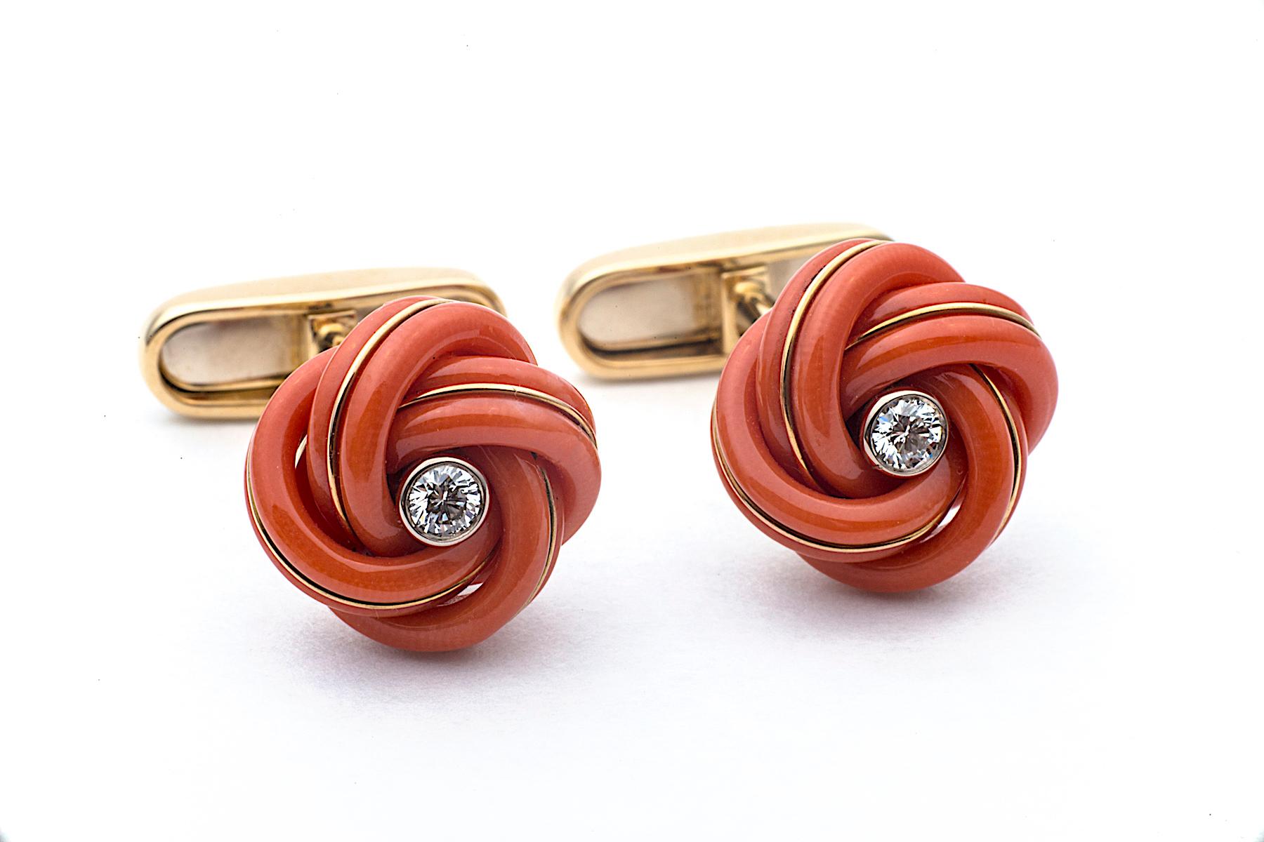 The tertiary color coral is made from the warm colors or red and orange and represents the sun, evoking feelings of both strength and comfort.  And, these hand carved natural coral knot cufflinks are as sizzling as accessories get!  With a bezel set