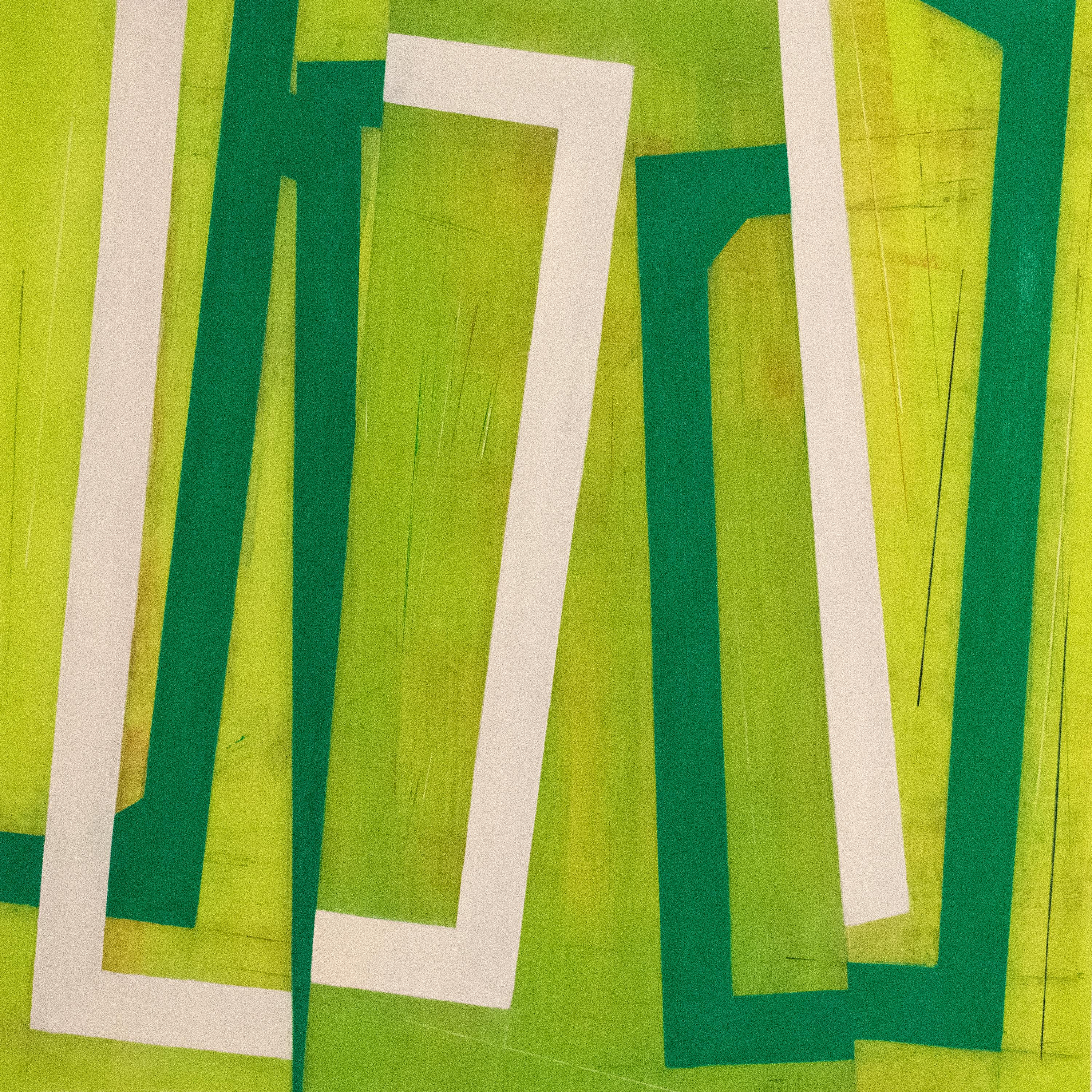 Steven Baris
Jump Cut D11, 2021
oil on Mylar
24 x 24 in. image size 30 x 30 in. framed size
(bari033)

This bold and graphic abstract oil painting on Mylar features geometric green shapes against a rough and painterly background.

"I am drawn to