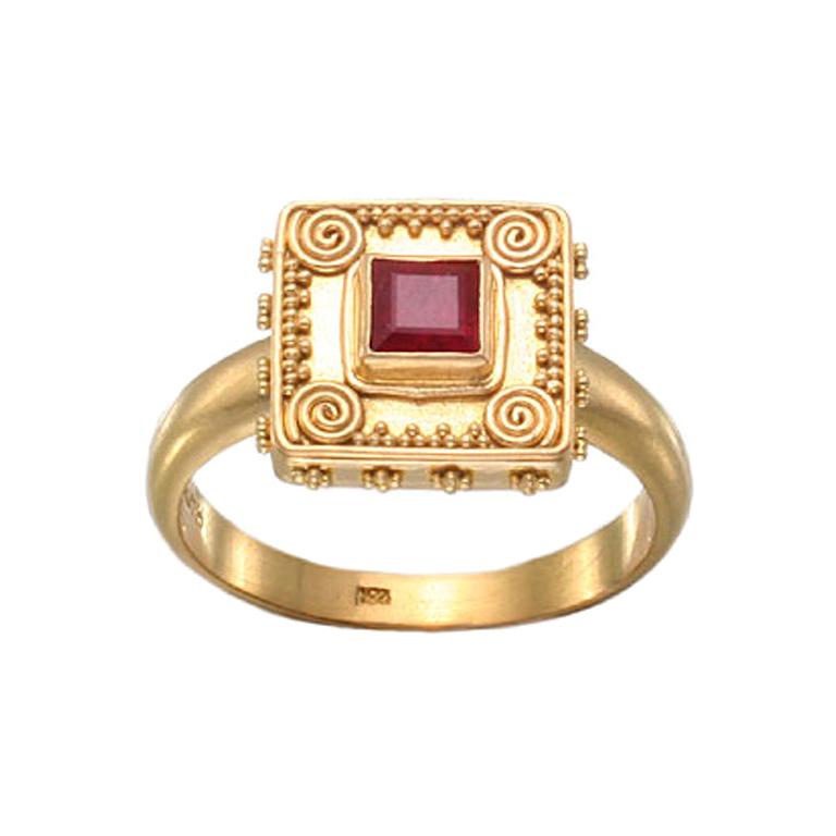 Steven Battelle 0,5 Karat quadratischer Rubin 22K Gold Ring