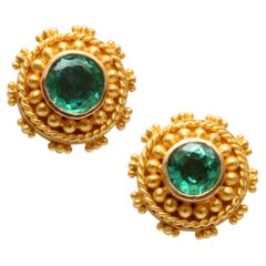 Steven Battelle 0.5 Carats Emerald Granulated 22K Gold Post Earrings