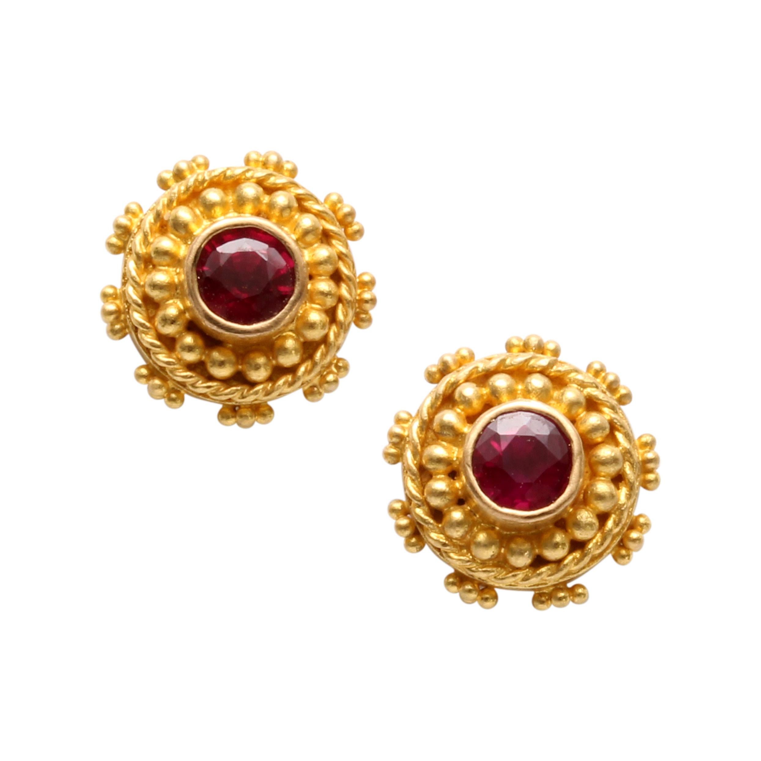 Steven Battelle 0.5 Carats Ruby 22K Gold Granulated Post Earrings