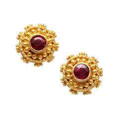 Steven Battelle 0.5 Carats Ruby 22K Gold Granulated Post Earrings